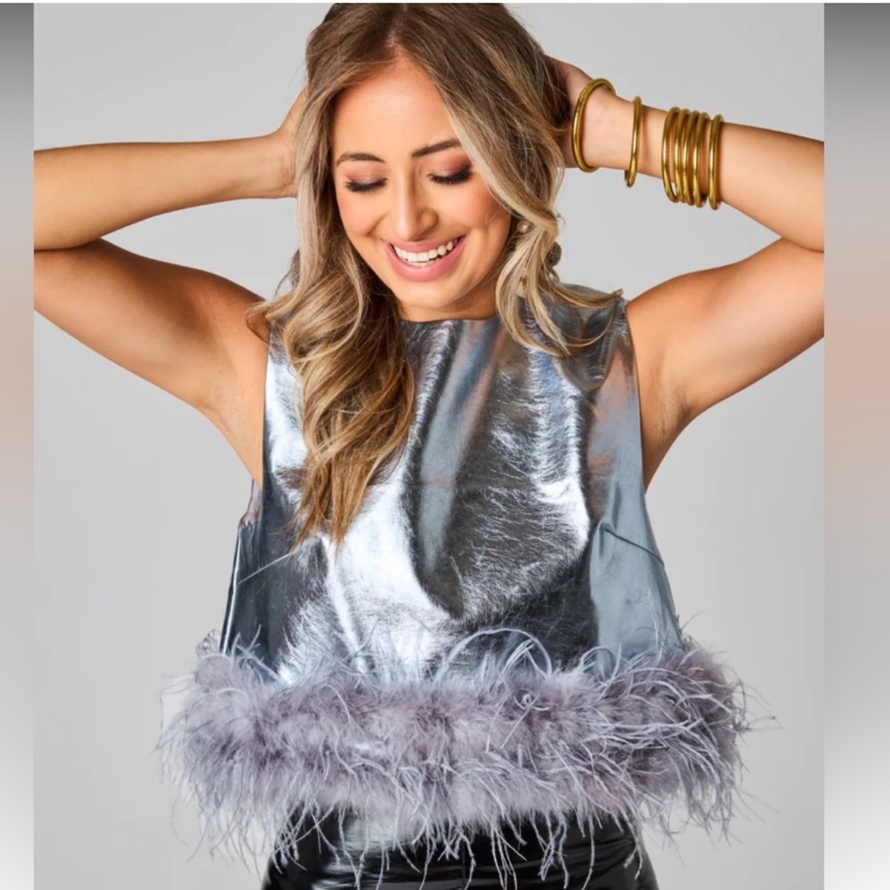 Buddy Love Queenie Metallic Top Shirt Tank with Feathers XS Silver
